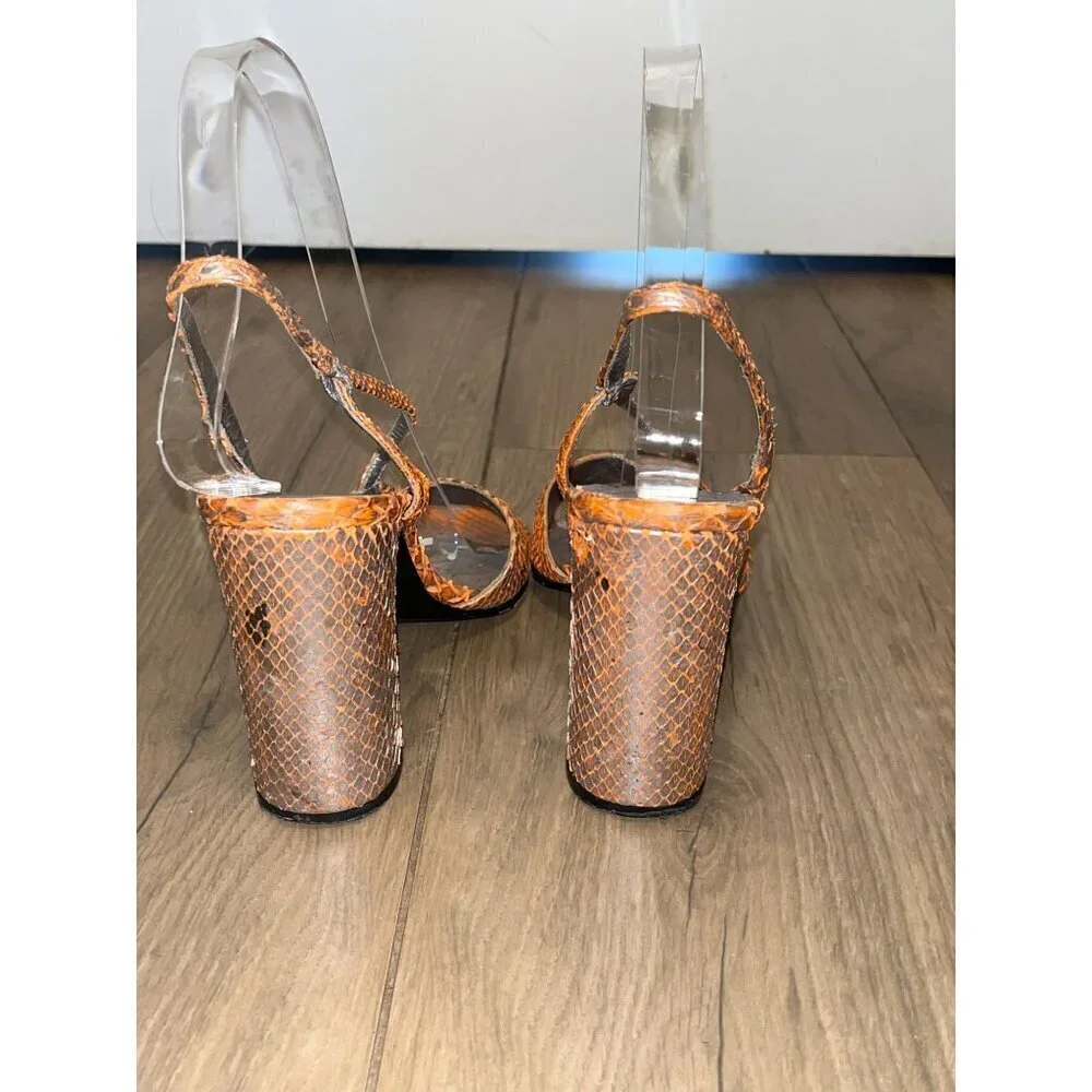 Richard Tyler Orange Snake Print Block Heel Sandals With Transparent Straps - Wo